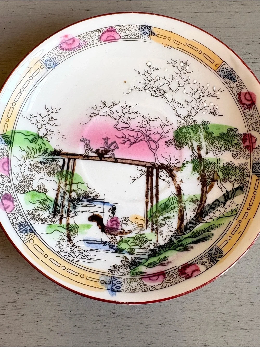 VTG 6 Hand-Painted Japanese Porcelain Saucers Plates Landscape Cherry Blossom
